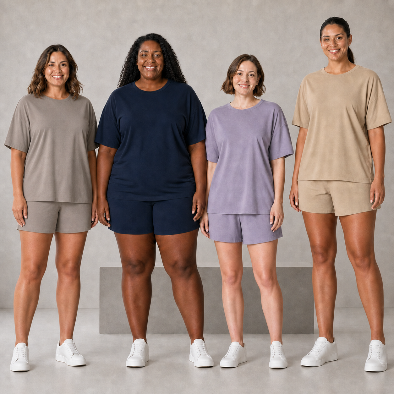 Four women wearing taupe navy lavender and sand lounge sets