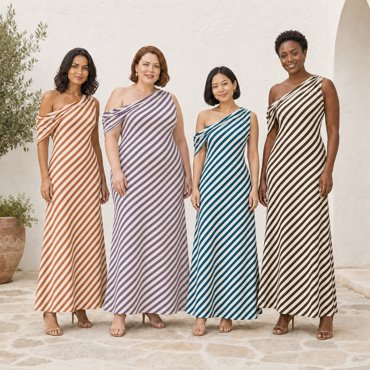 Four women wearing terracotta lavender teal and chocolate stripe maxi dresses