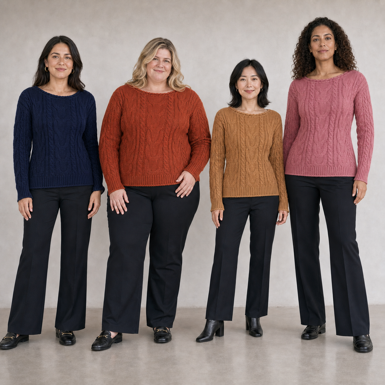 Four women wearing navy rust camel and dusty rose cable sweaters