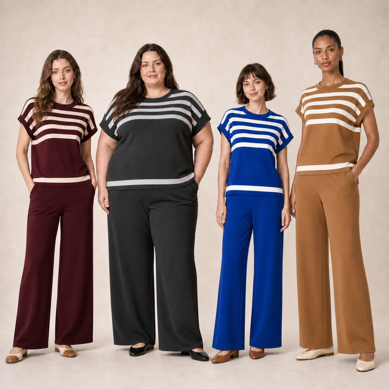 Four women wearing denim sets in pack B colors