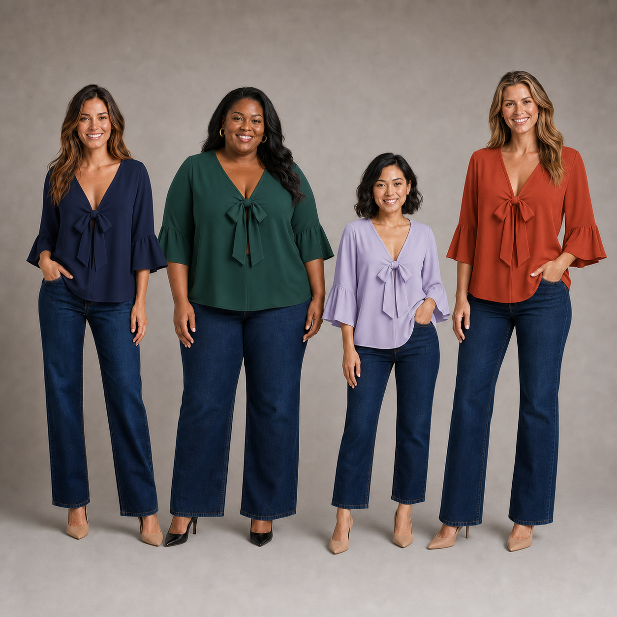Four women wearing navy green lavender and terracotta tie-front blouses