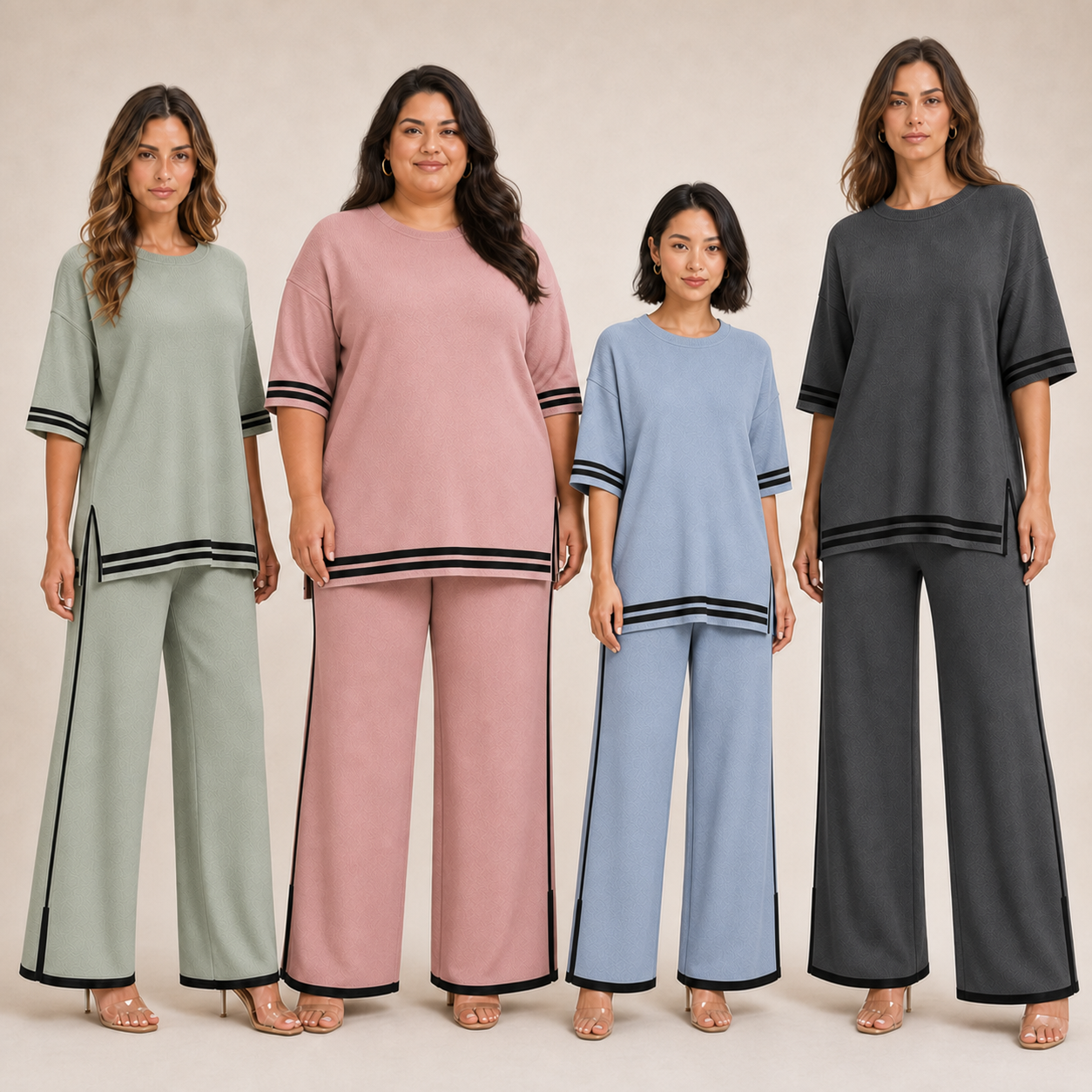 Four women wearing sage rose blue and charcoal knit pants sets