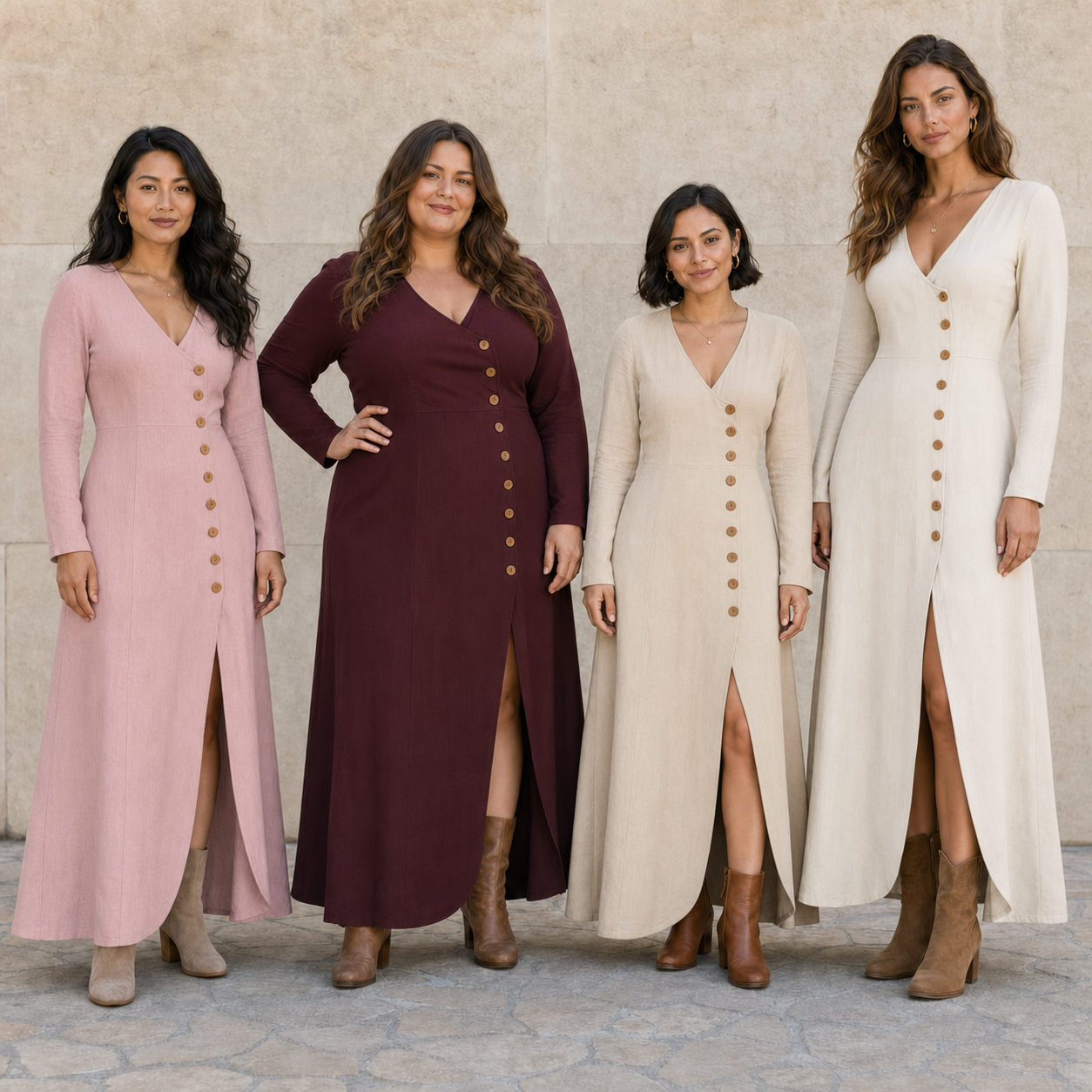 Four women wearing mixed four pack B button slit maxi dresses