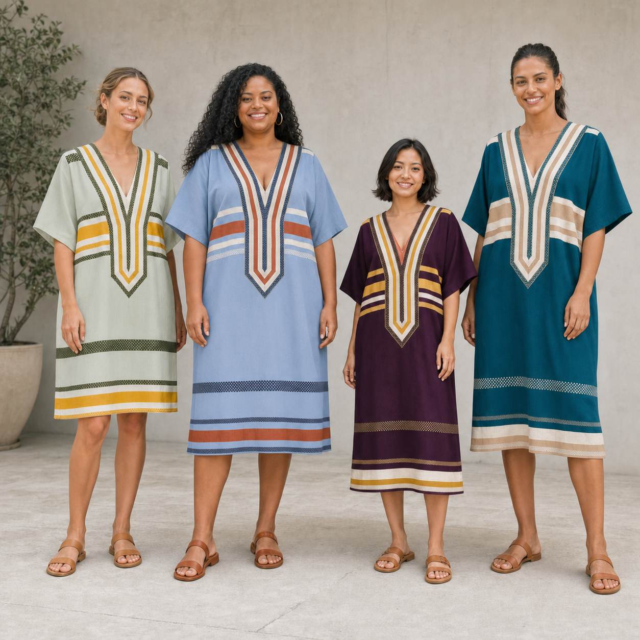 Four women wearing kaftan colors from mixed pack B