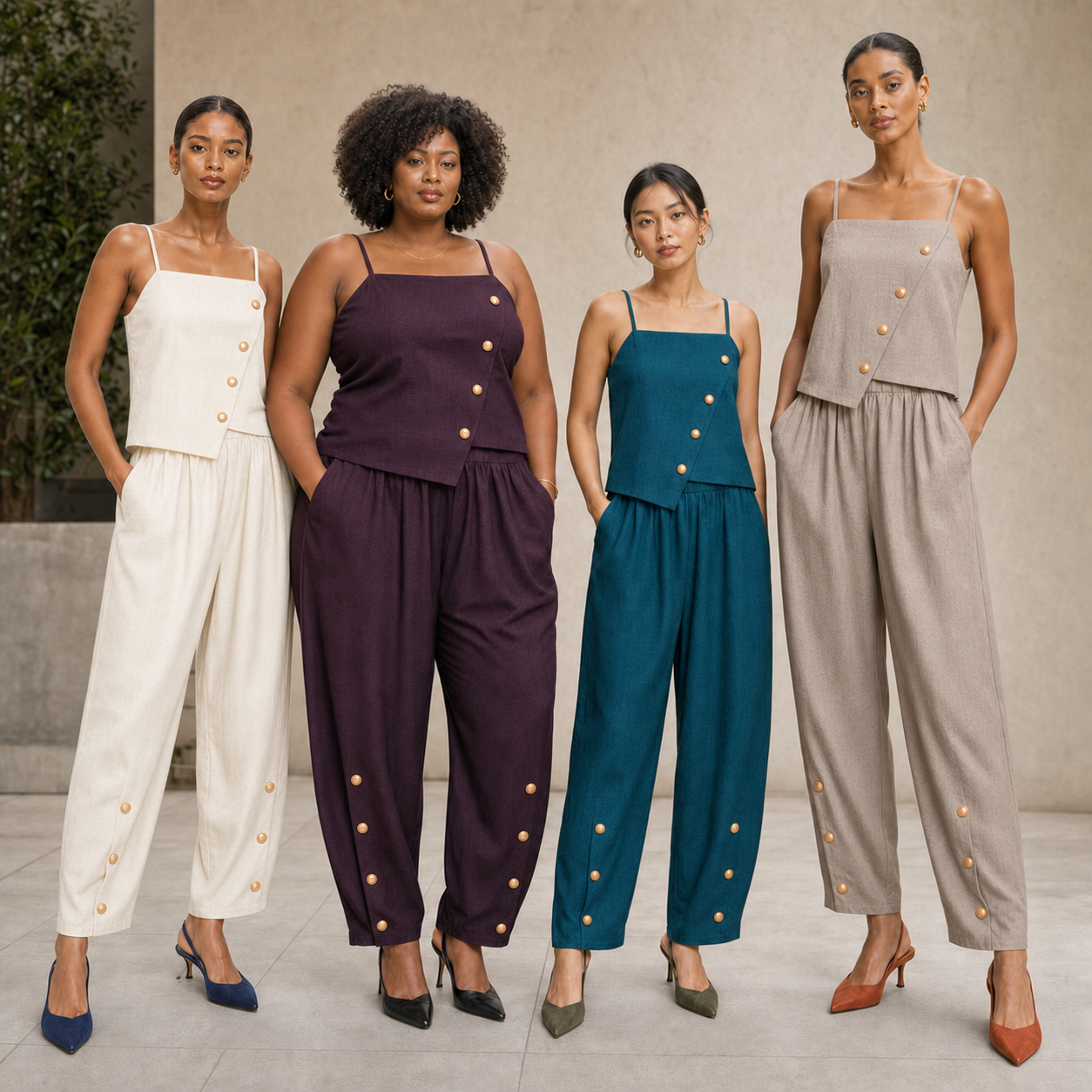 Four women wearing ivory plum teal and taupe sets
