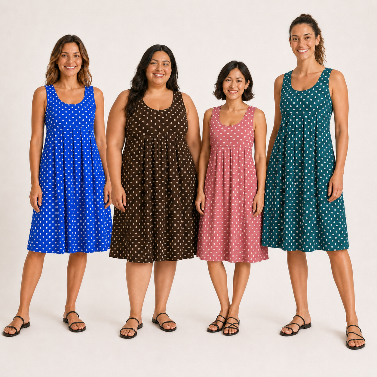 Four women wearing royal blue chocolate dusty rose and teal polka dot dresses