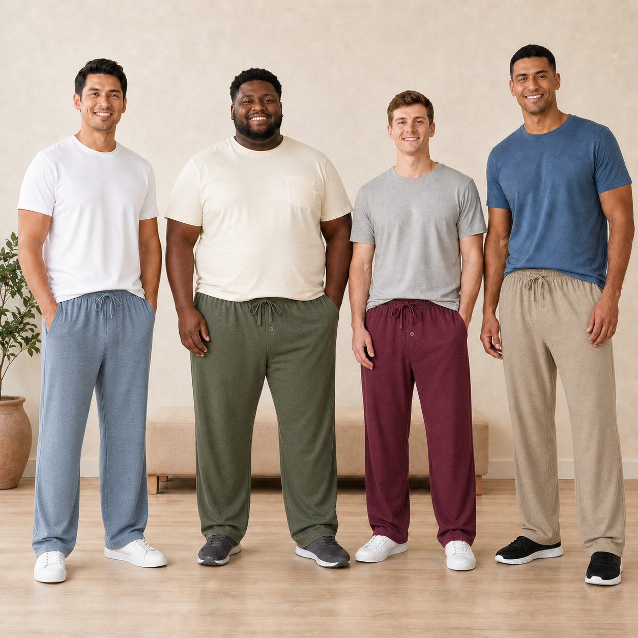 Four men in alternate knit lounge pants colors
