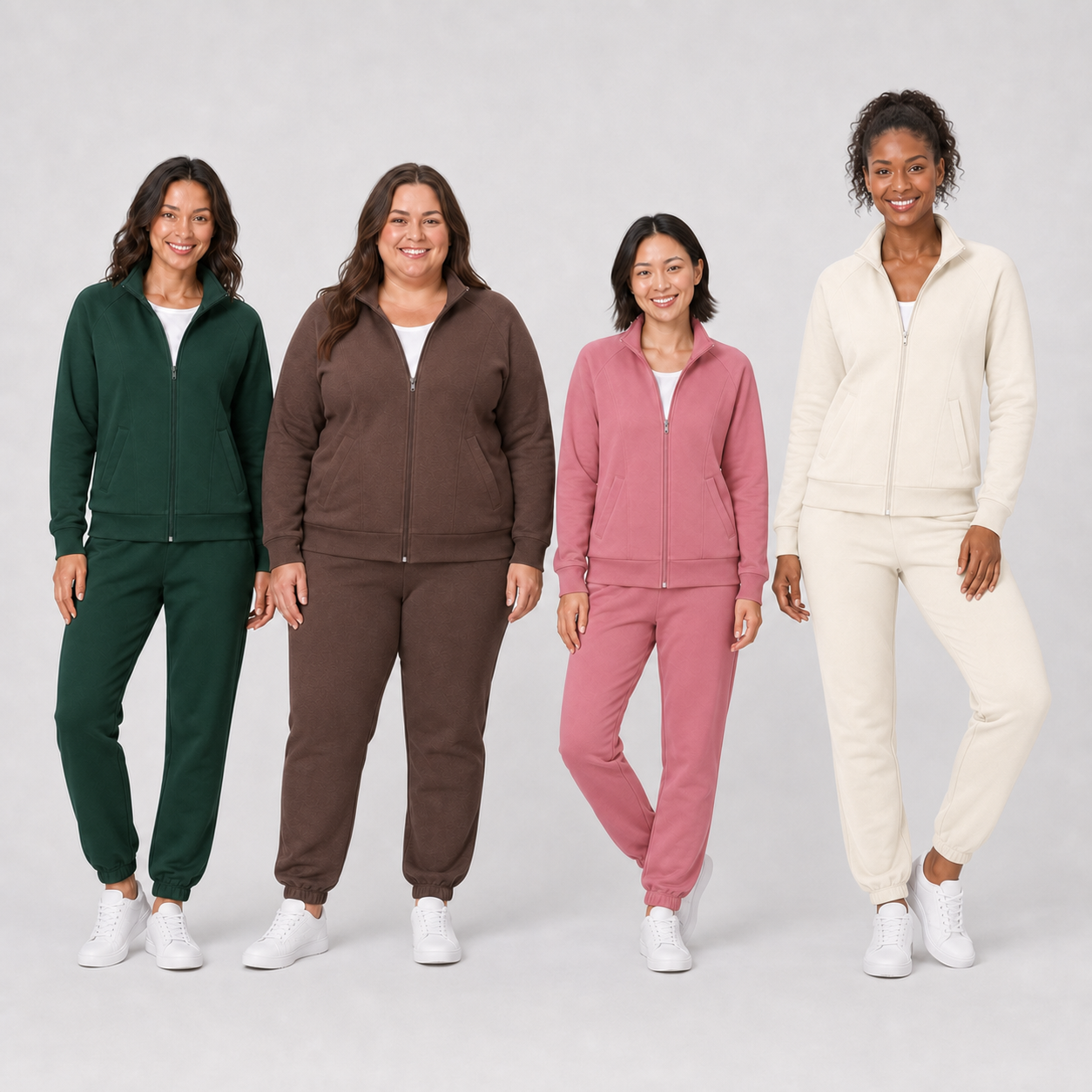 Four women wearing green brown rose and cream tracksuits