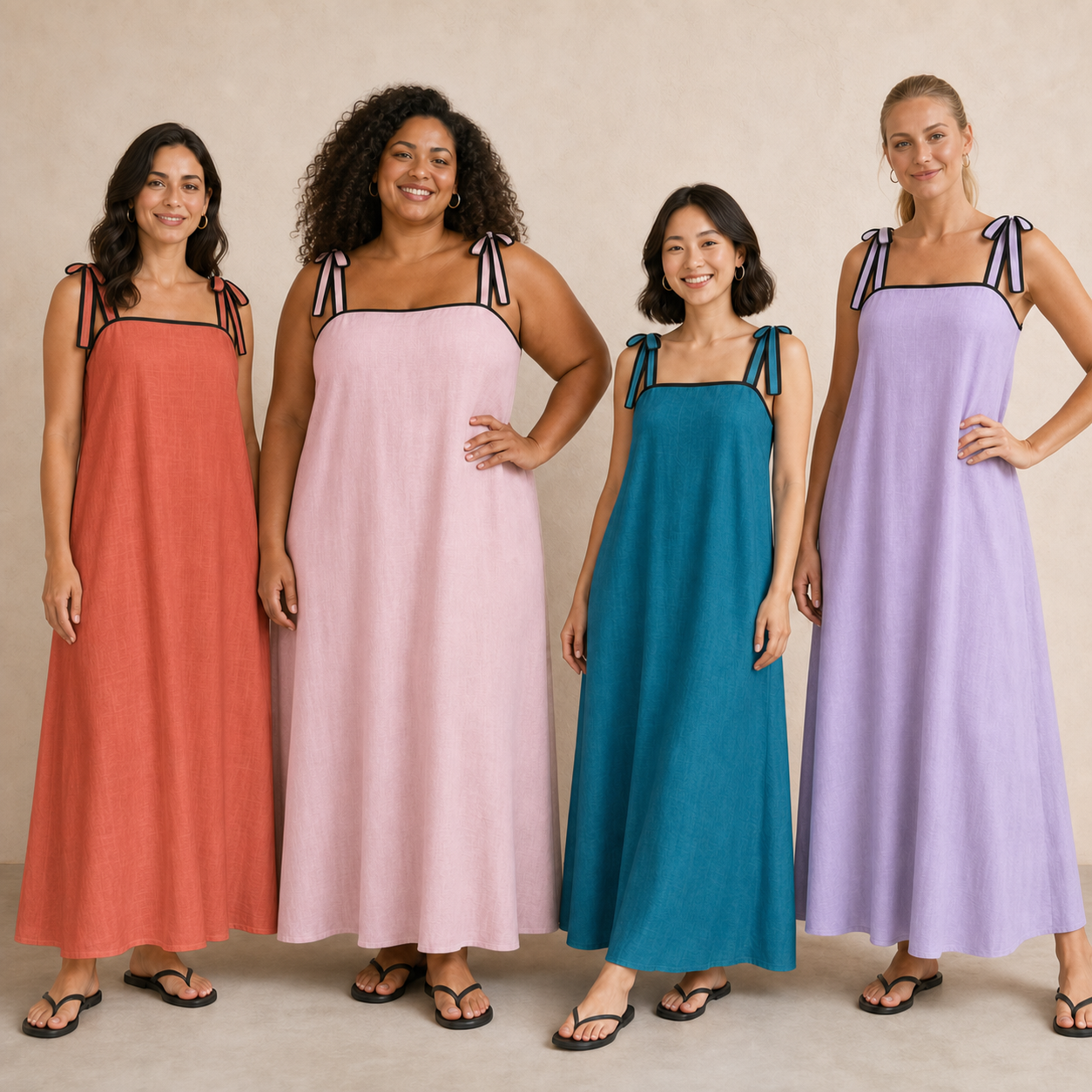 Four women wearing pack B tie-shoulder maxi dress colors