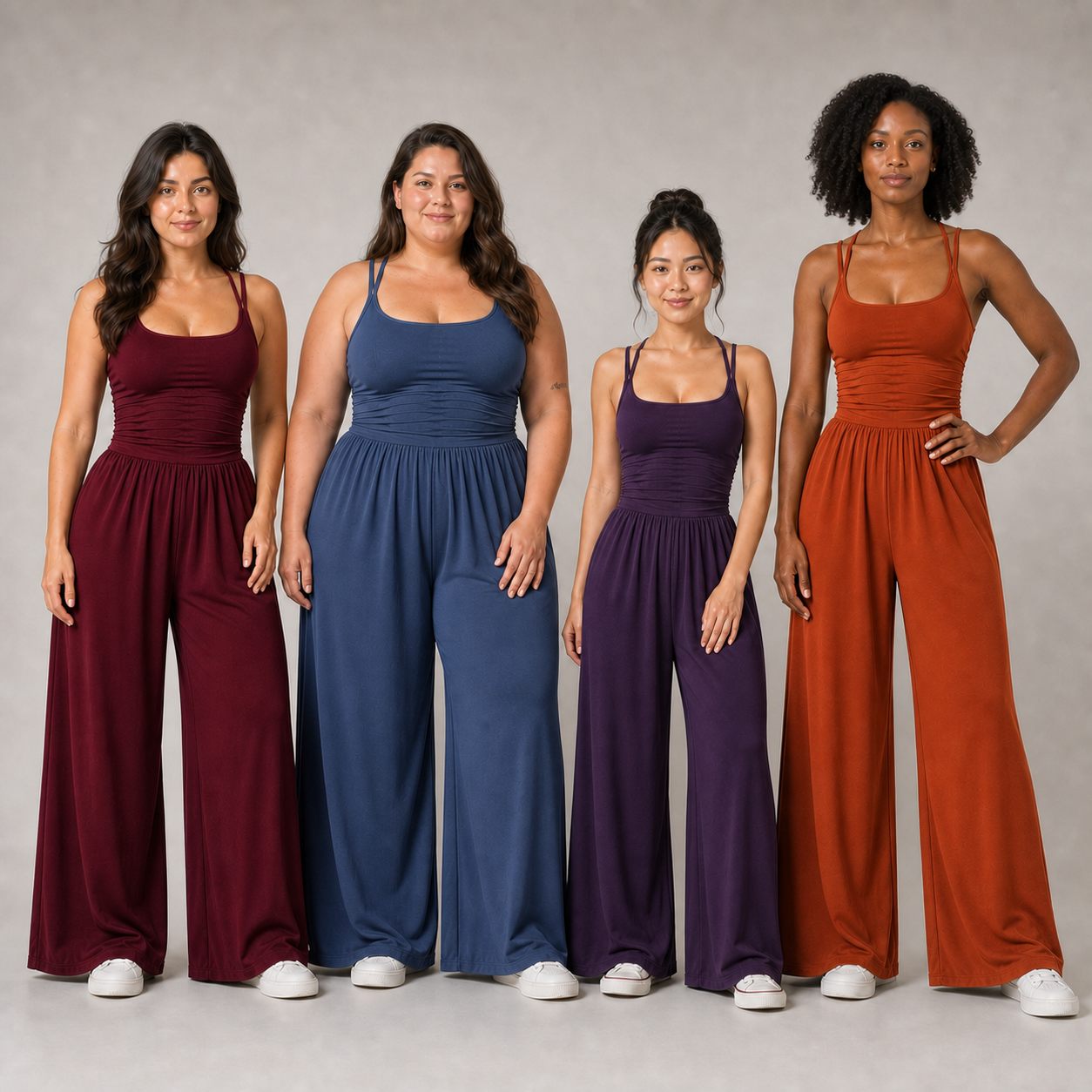 Four women wearing burgundy, slate blue, plum and rust wide-leg jumpsuits