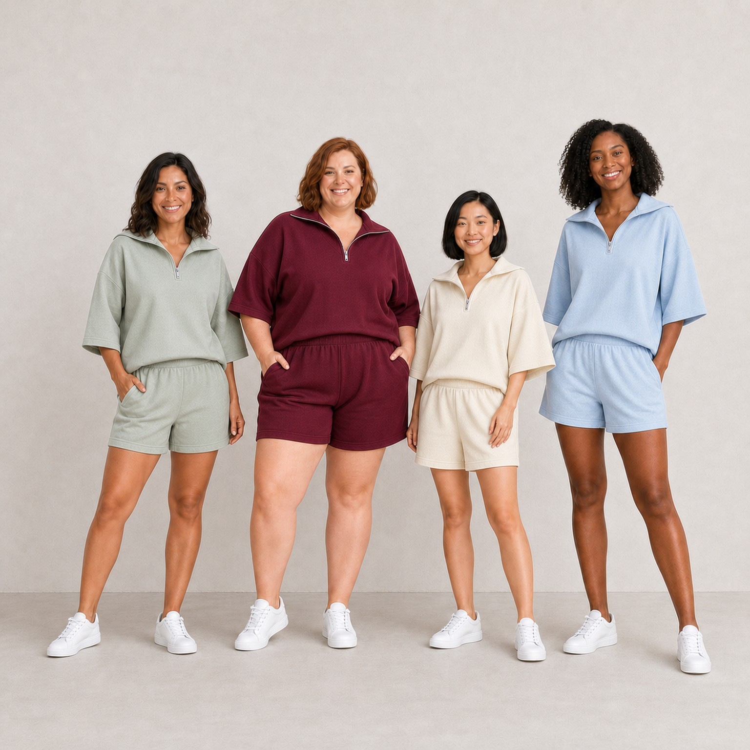 Four women wearing mixed four pack B half-zip shorts sets