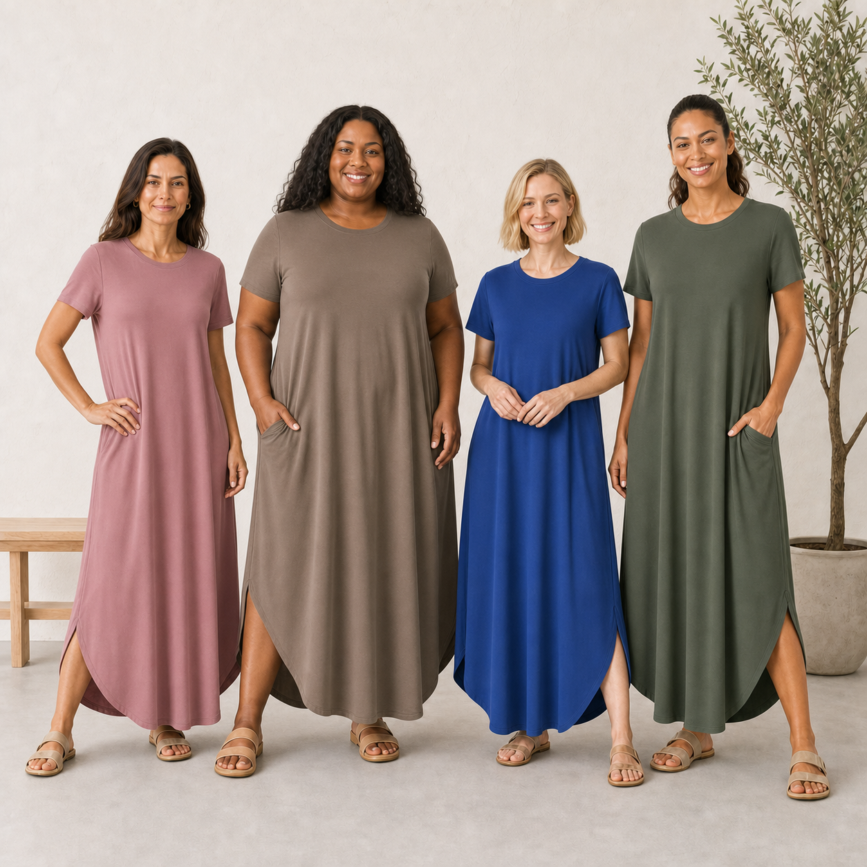 Four women wearing dusty rose taupe royal blue and olive pocket maxi dresses