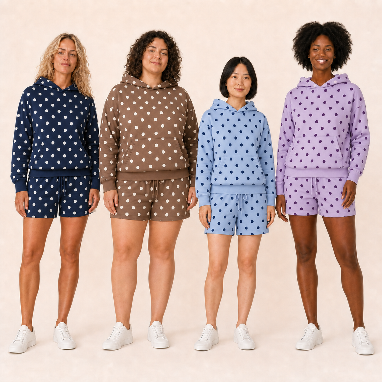 Four women wearing navy mocha powder blue and lavender polka dot sets