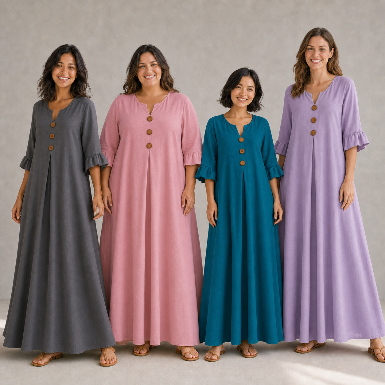 Four women wearing pack B wood-button maxi dress colors