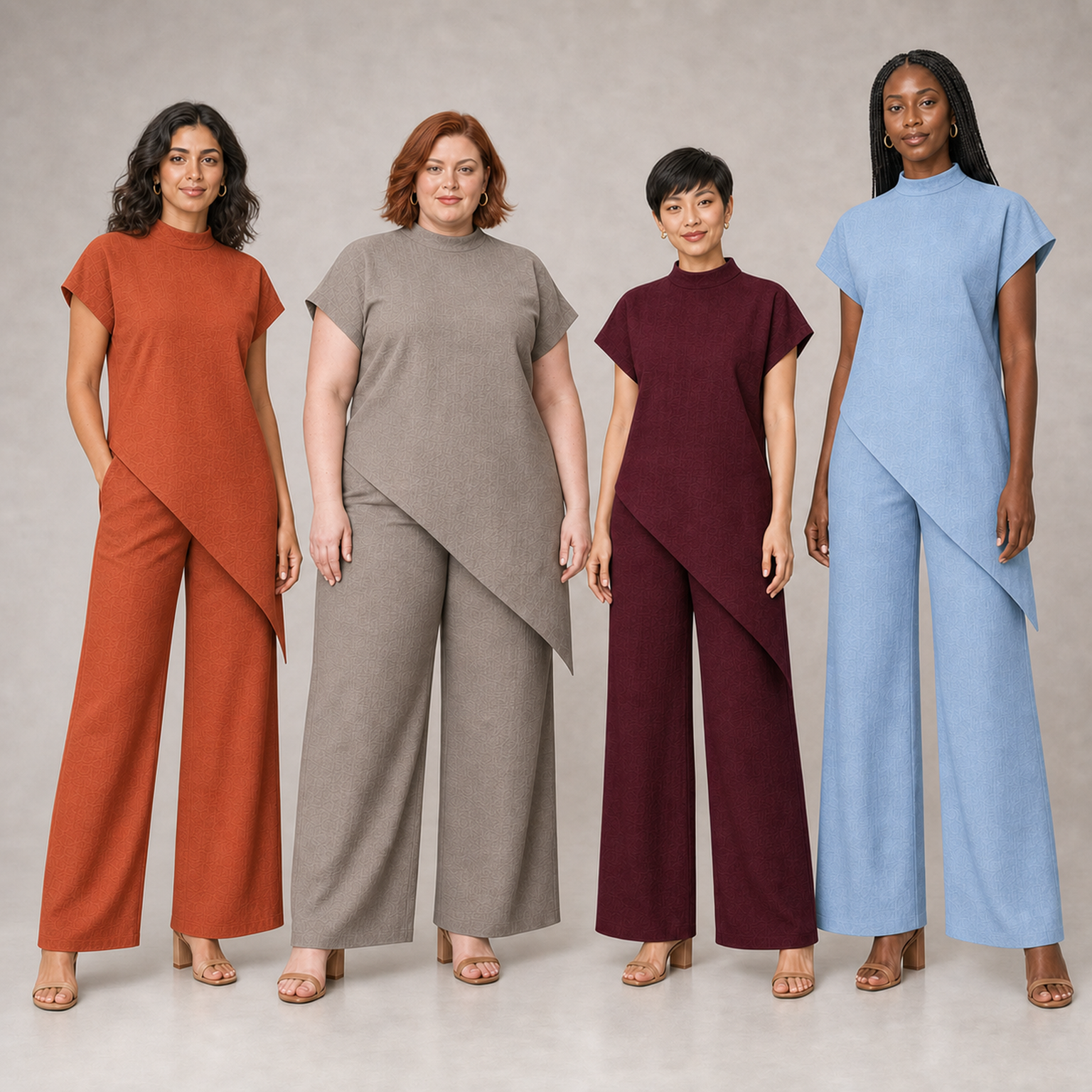 Four women wearing mixed four pack B asymmetric pants sets