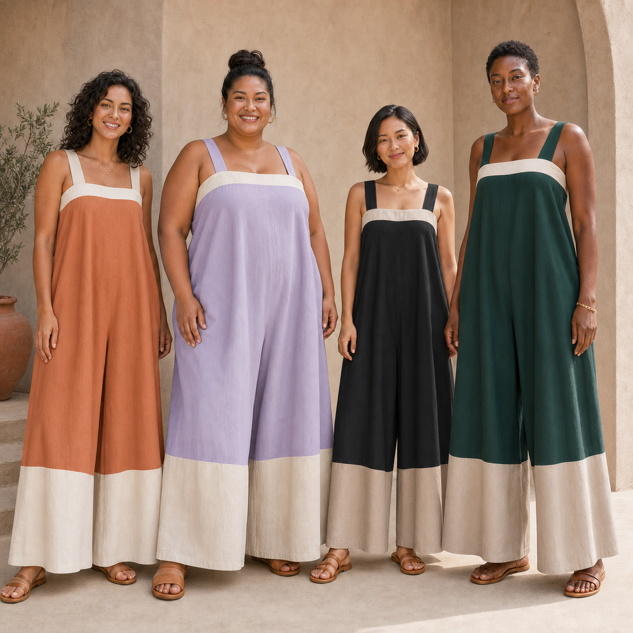 Four women wearing colorblock jumpsuits in pack B colors