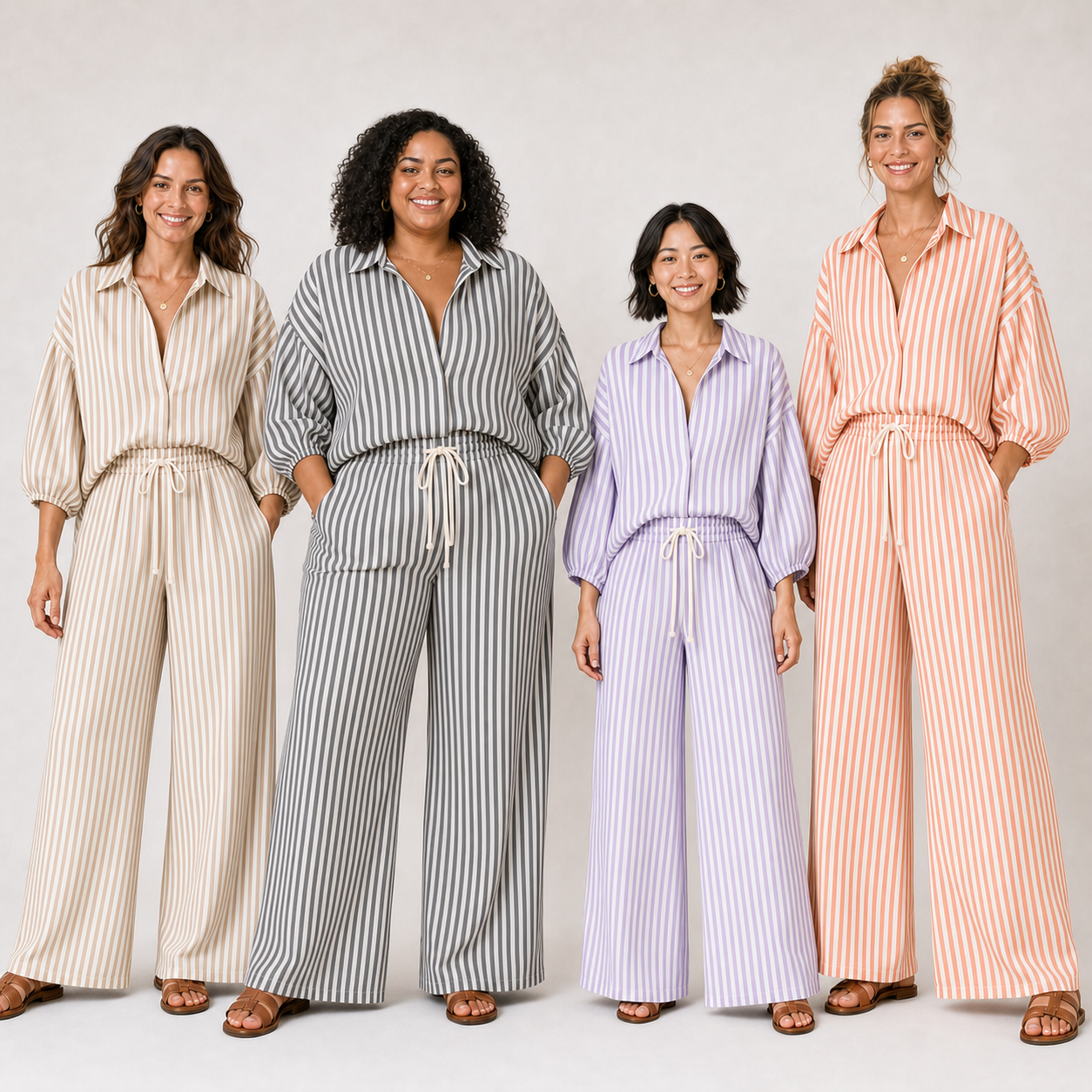 Four women wearing tan charcoal lavender and coral striped pants sets