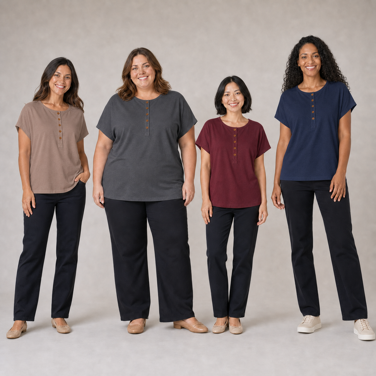 Four women wearing mocha, charcoal, burgundy and navy Henley tops