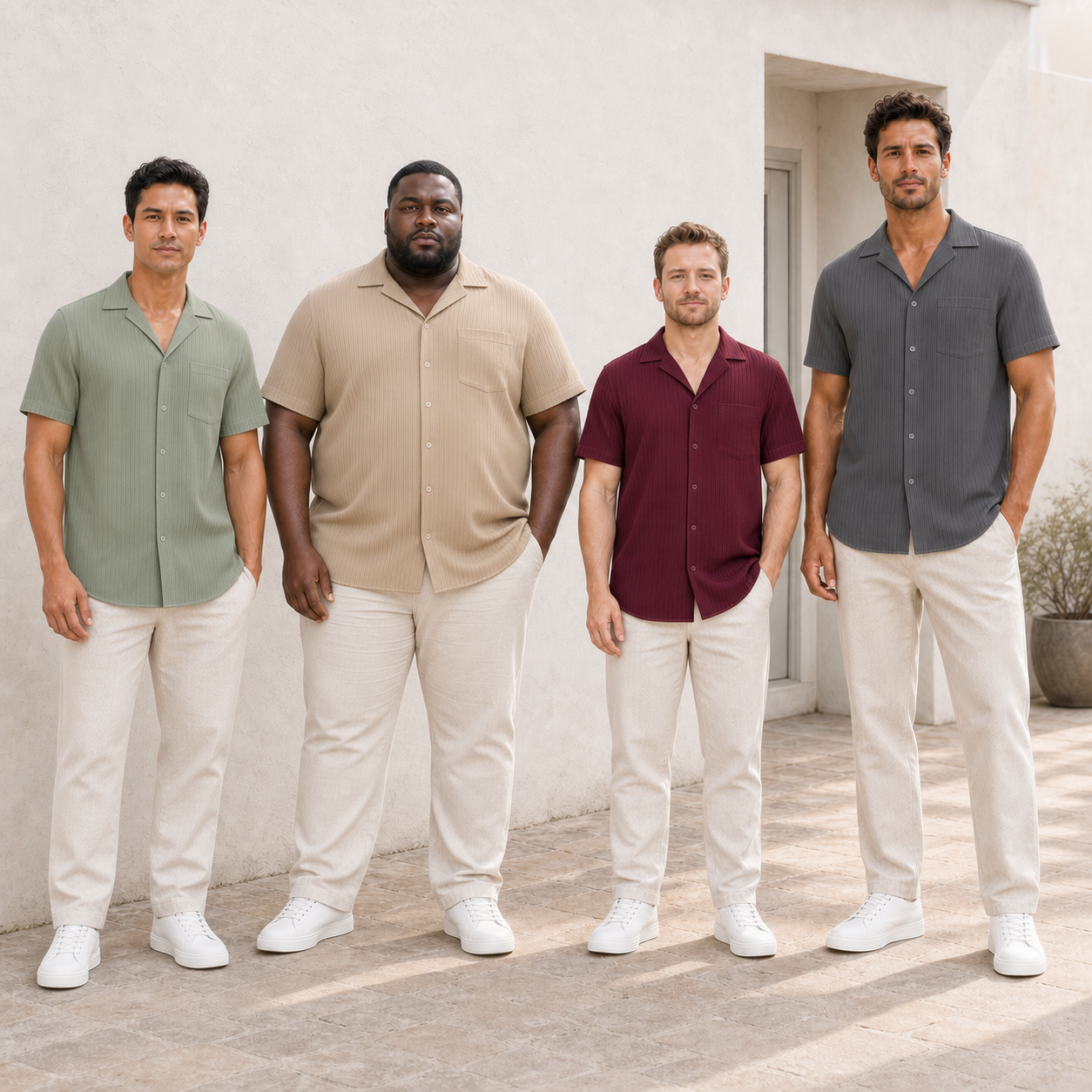 Four men wearing sage beige burgundy and charcoal shirts
