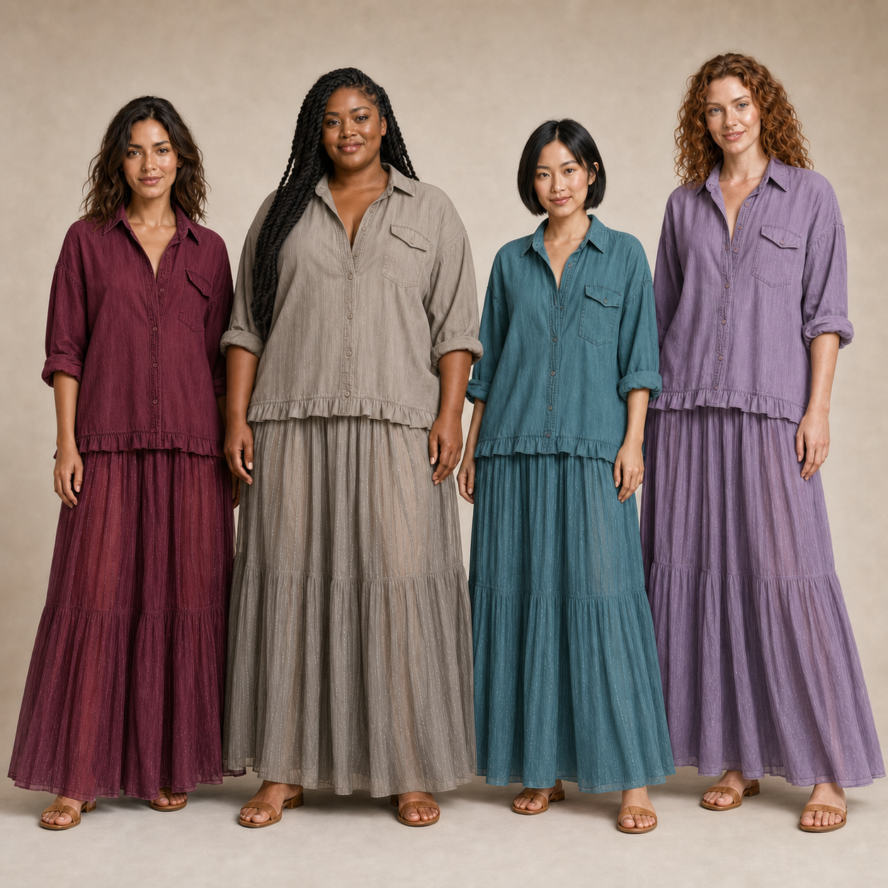 Four women wearing burgundy sand teal and lavender skirt sets