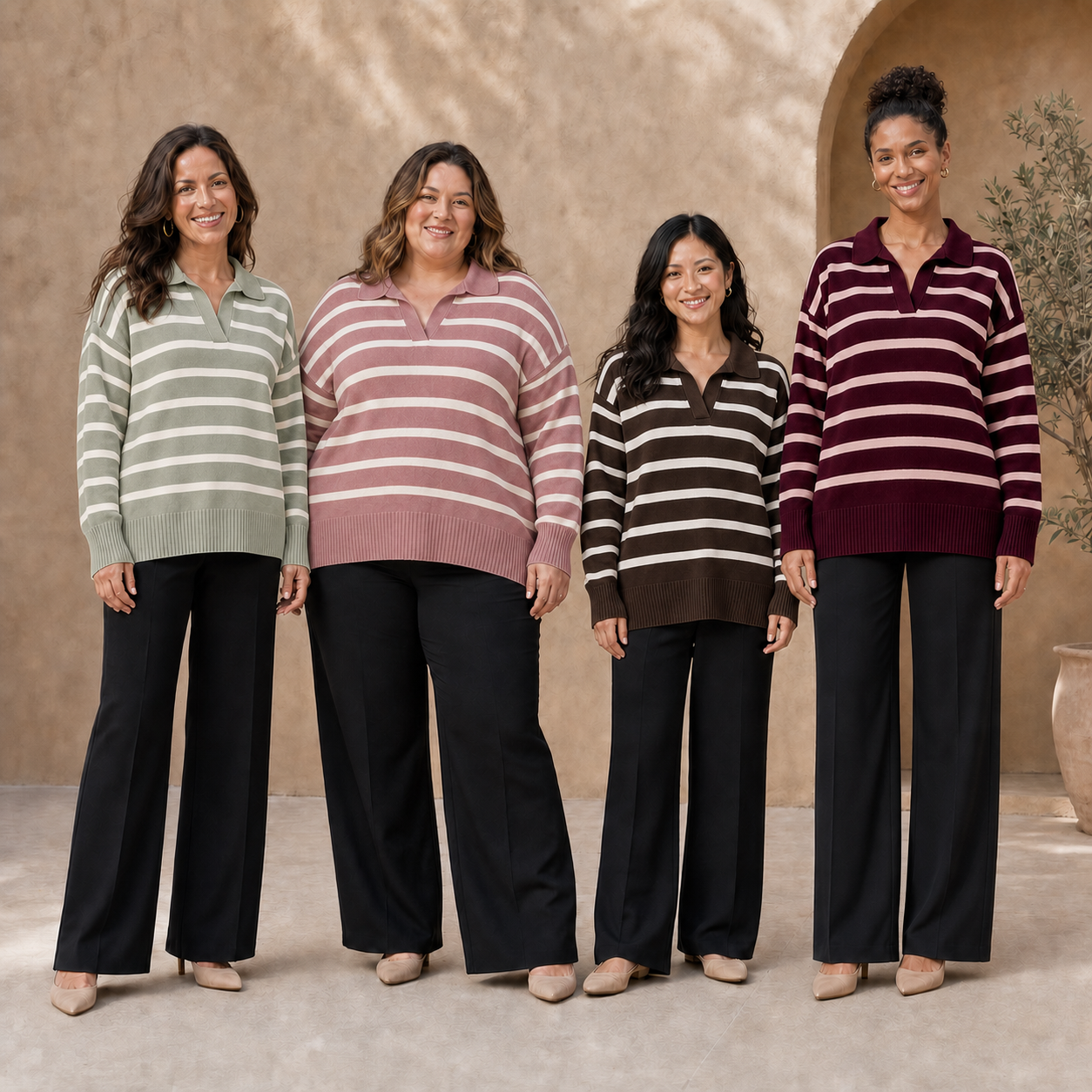 Four women wearing striped knit tops in pack B colors