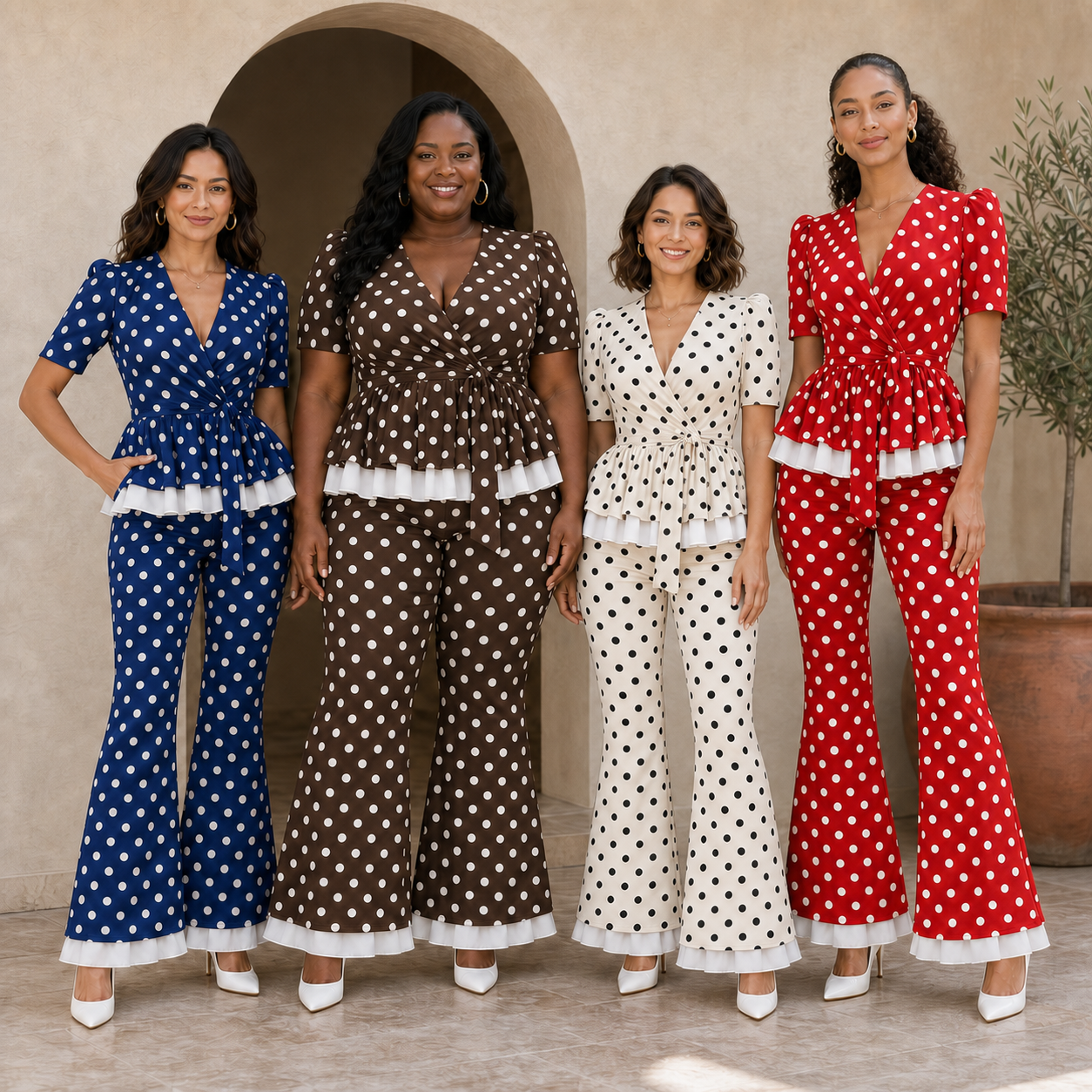 Four women wearing polka dot two-piece colors from mixed pack B