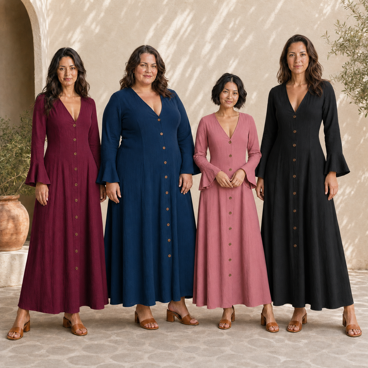 Four women wearing burgundy navy dusty rose and black maxi dresses