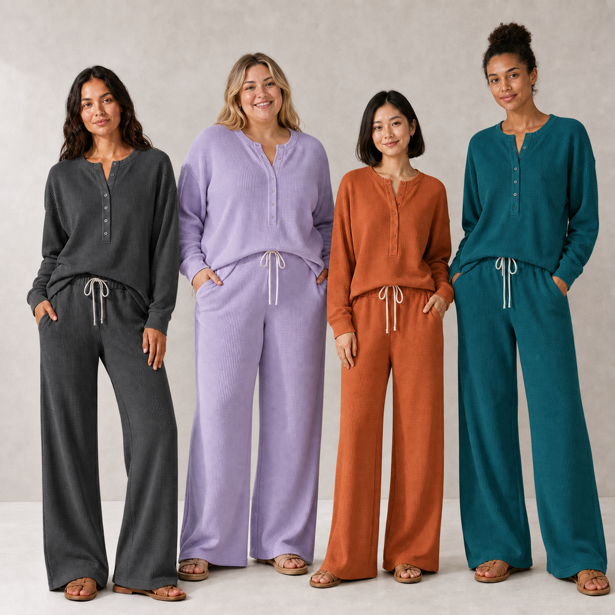 Four women wearing pack B waffle Henley lounge set colors