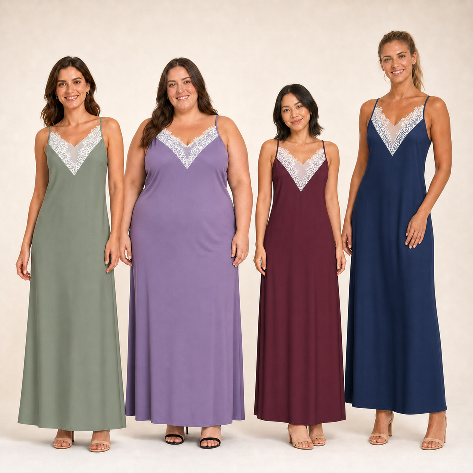 Four women wearing sage lavender burgundy and navy lace trim maxi dresses