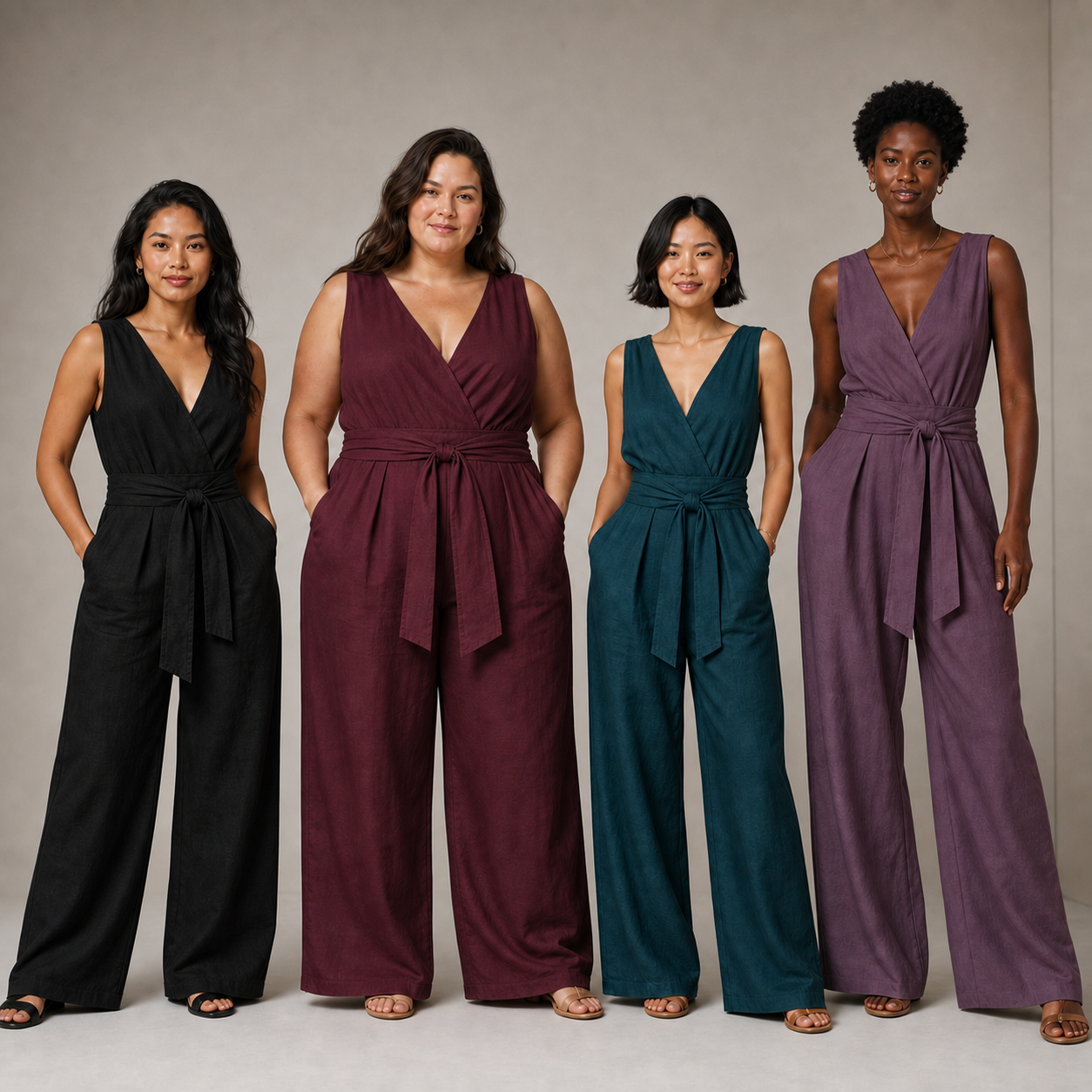 Four women wearing black burgundy teal and plum wide-leg jumpsuits