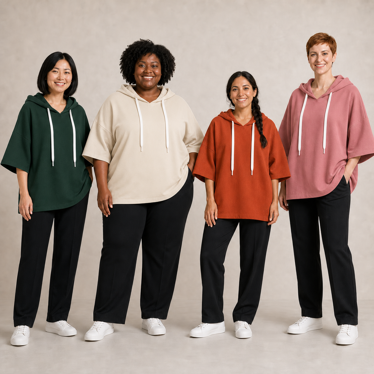 Four women wearing mixed four pack B short-sleeve hoodies