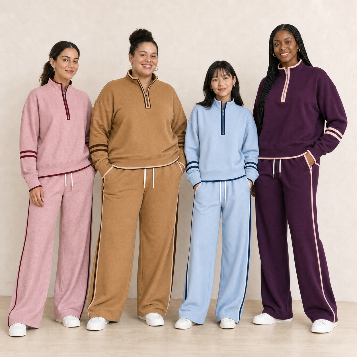 Four women wearing pack B contrast half-zip set colors