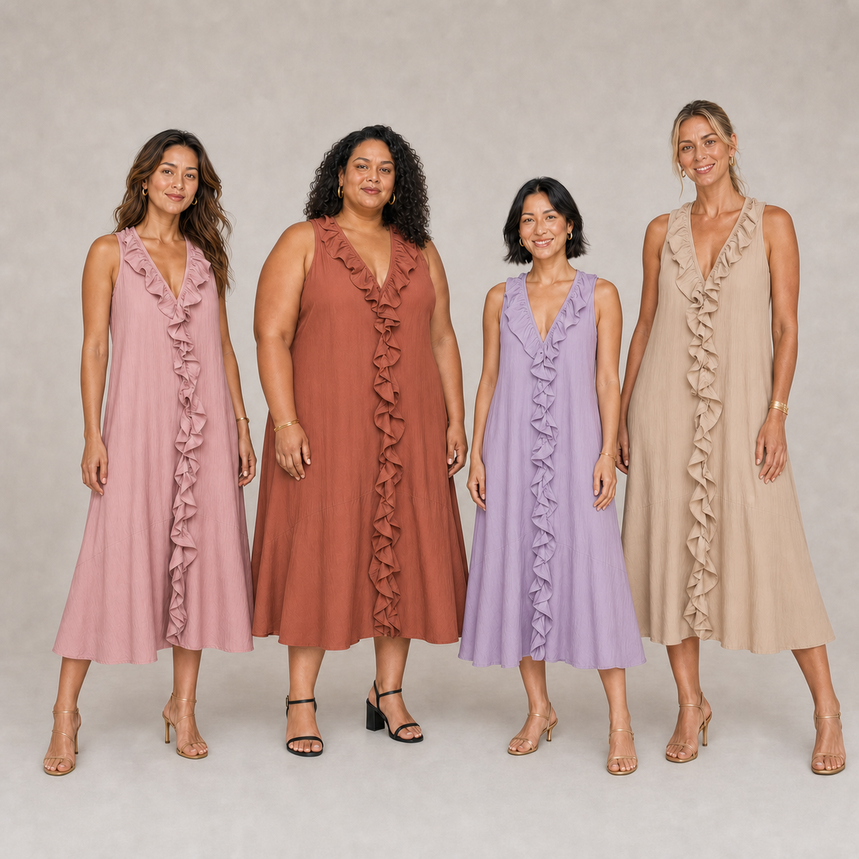Four women wearing dusty rose terracotta lavender and beige ruffle midi dresses