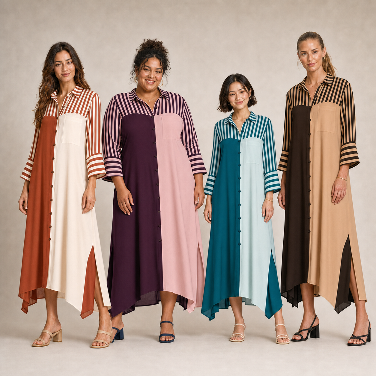 Four women wearing mixed four pack B shirt dresses
