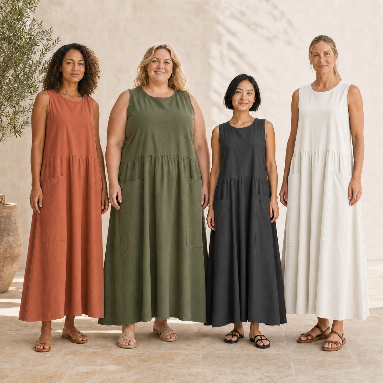 Four women wearing utility maxi dress colors from mixed pack B