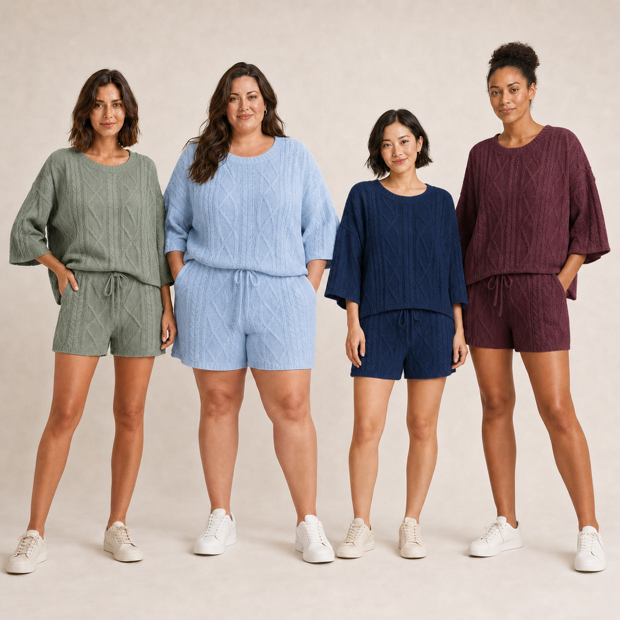 Four women wearing sage powder blue navy and burgundy knit sets