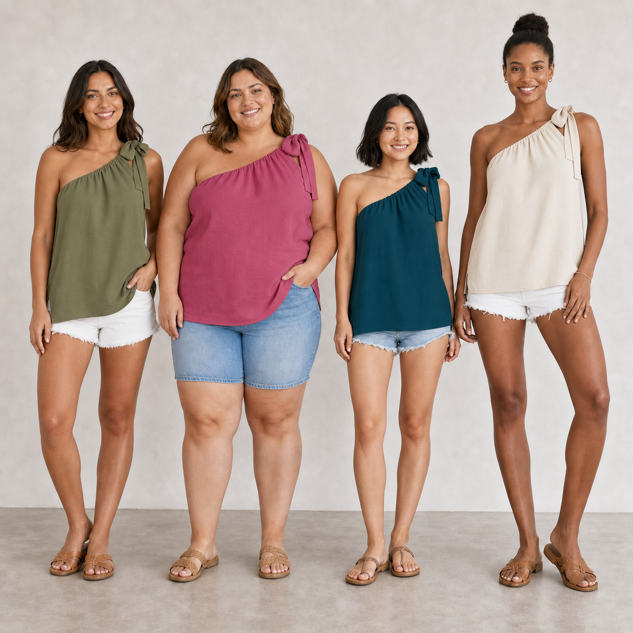 Four women wearing olive, berry, teal and champagne one-shoulder tops