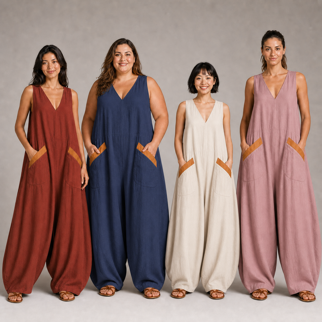 Four women wearing pack B contrast-pocket jumpsuit colors