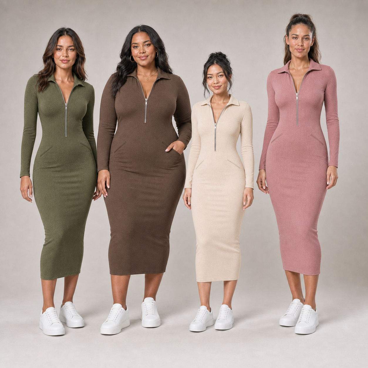 Four women wearing olive mocha cream and dusty rose half-zip midi dresses