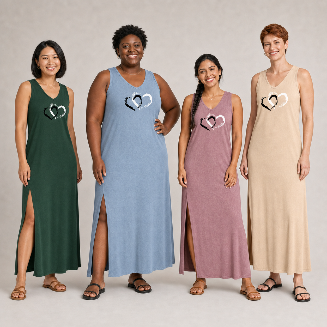 Four women wearing mixed four pack B double-heart maxi dresses