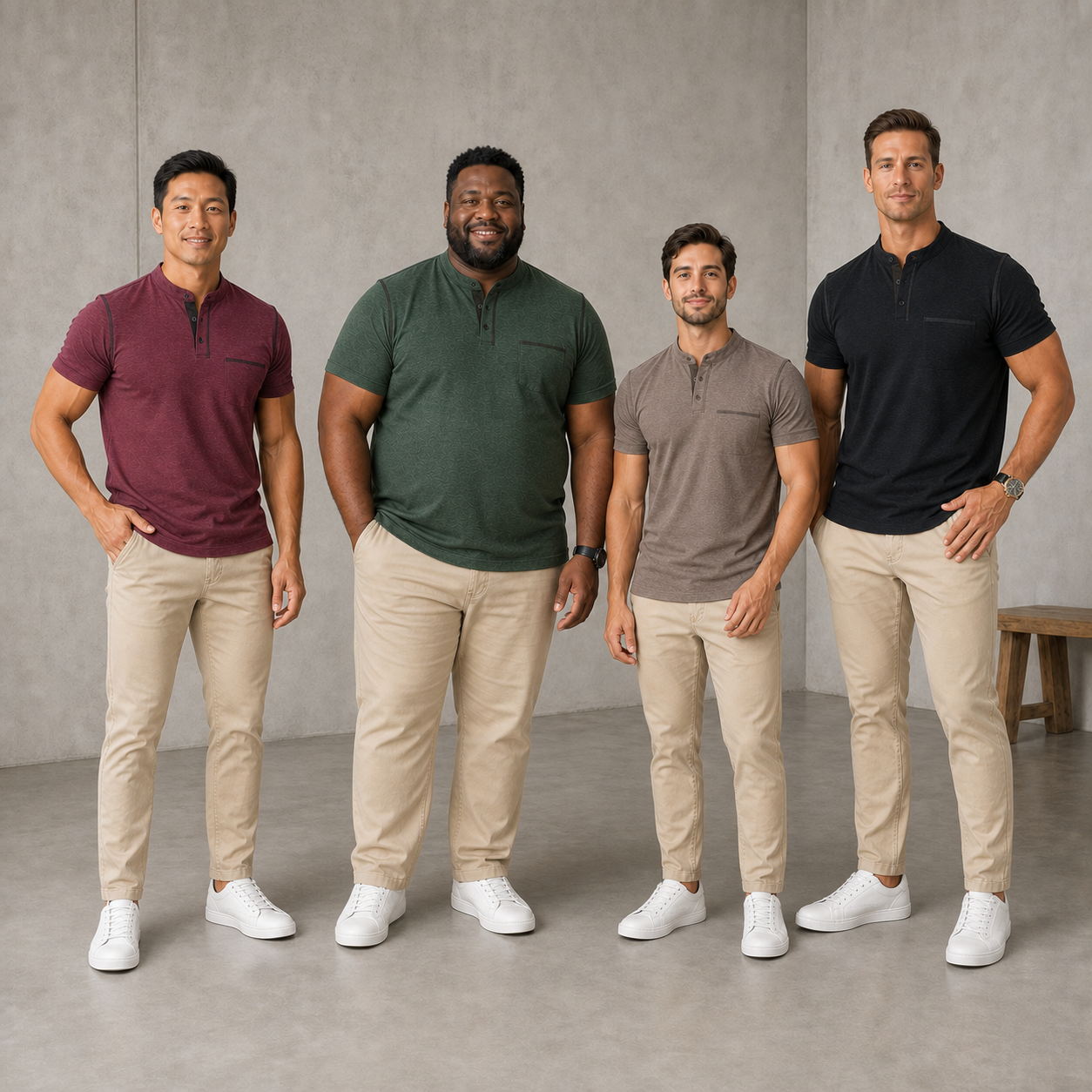 Four men in alternate short sleeve Henley shirt colors