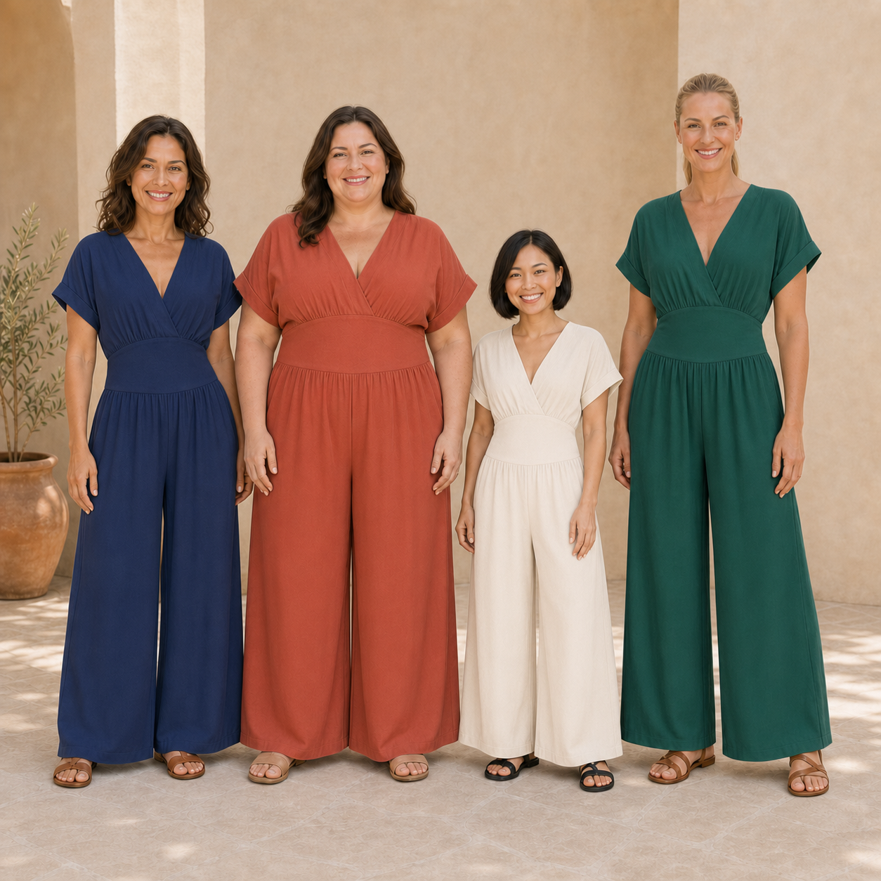 Four women wearing wide-leg jumpsuit colors from mixed pack B