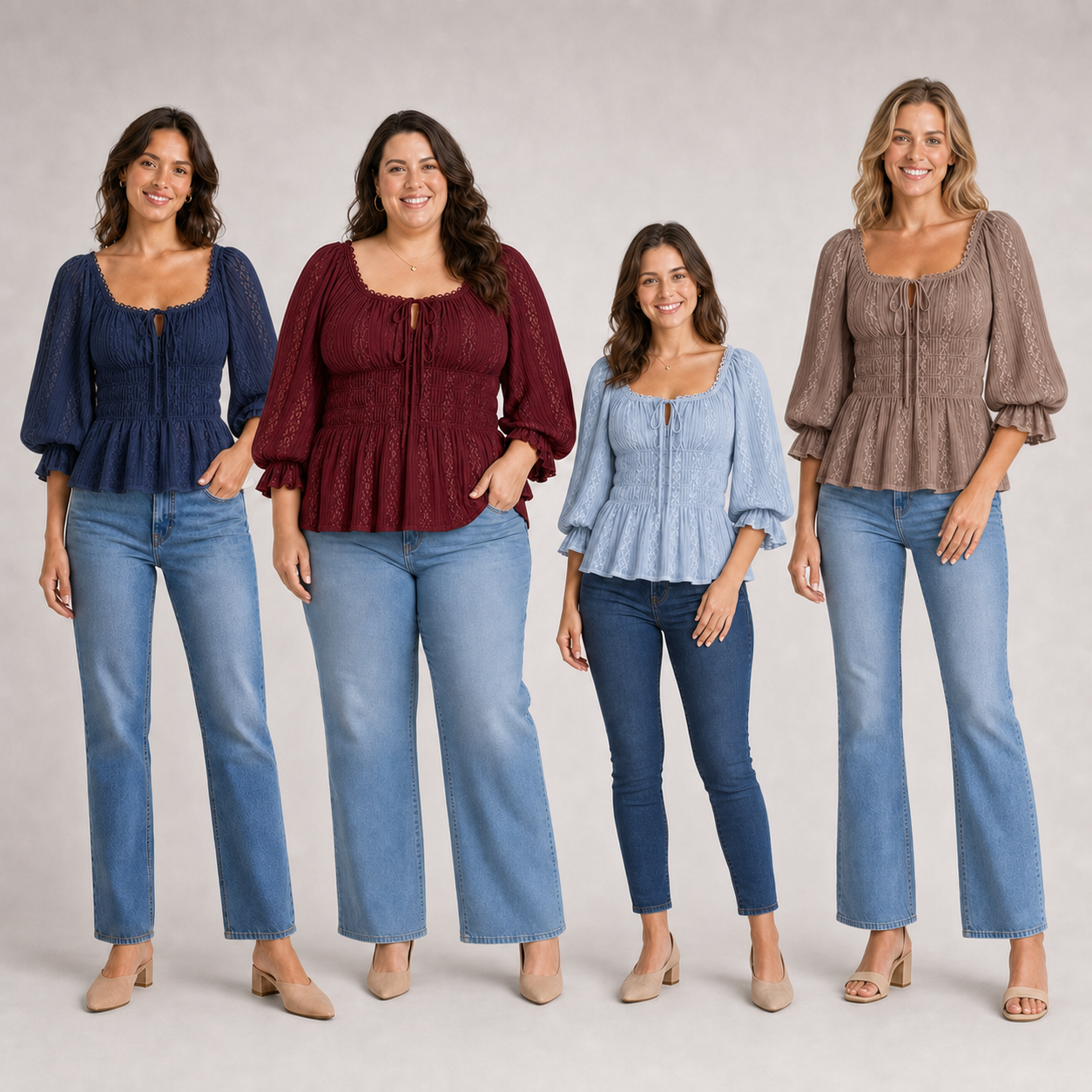 Four women wearing navy burgundy powder blue and mocha lace blouses