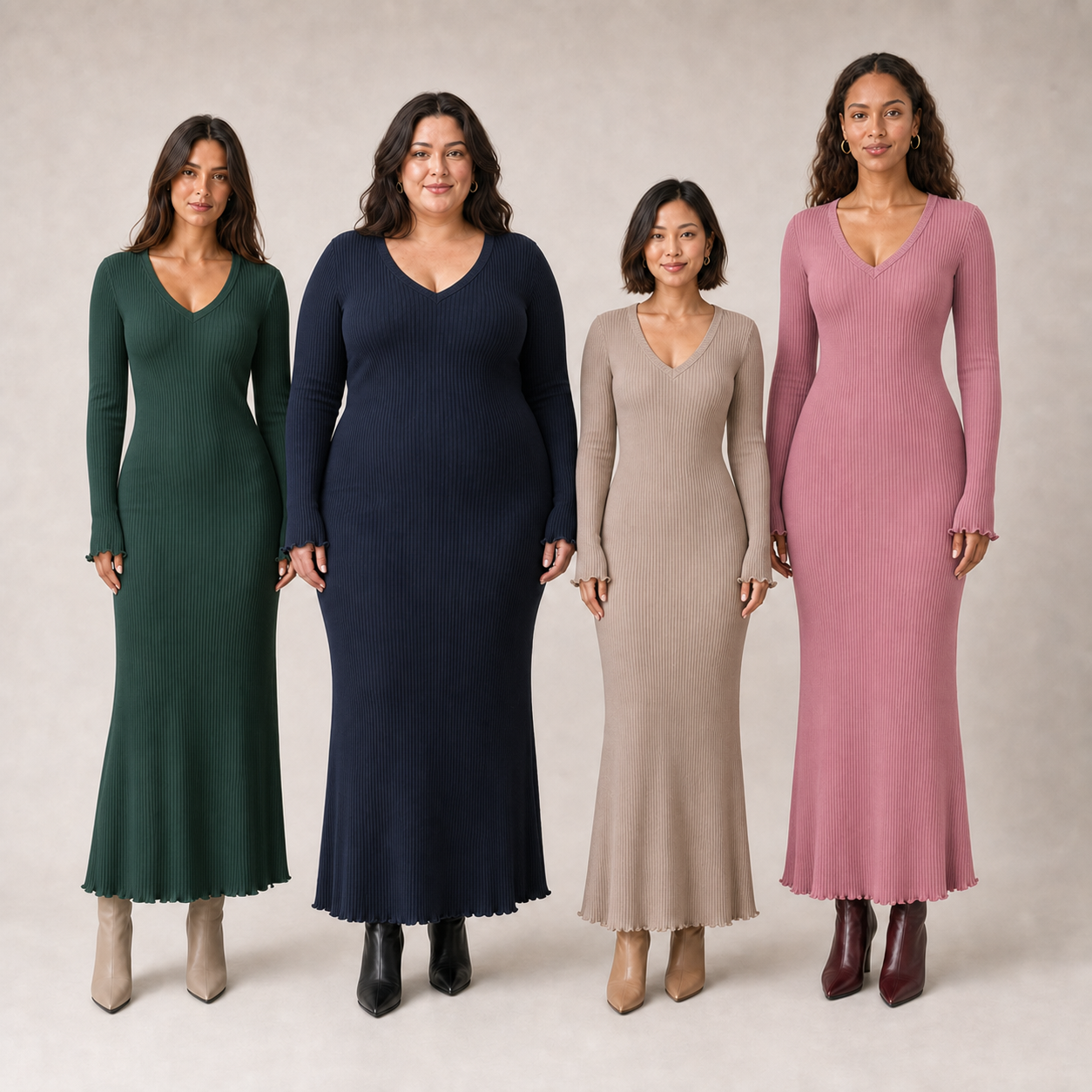 Four women wearing green navy taupe and dusty rose ribbed maxi dresses