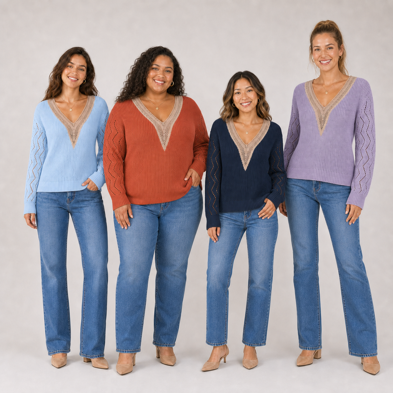 Four women wearing pack B openwork knit top colors