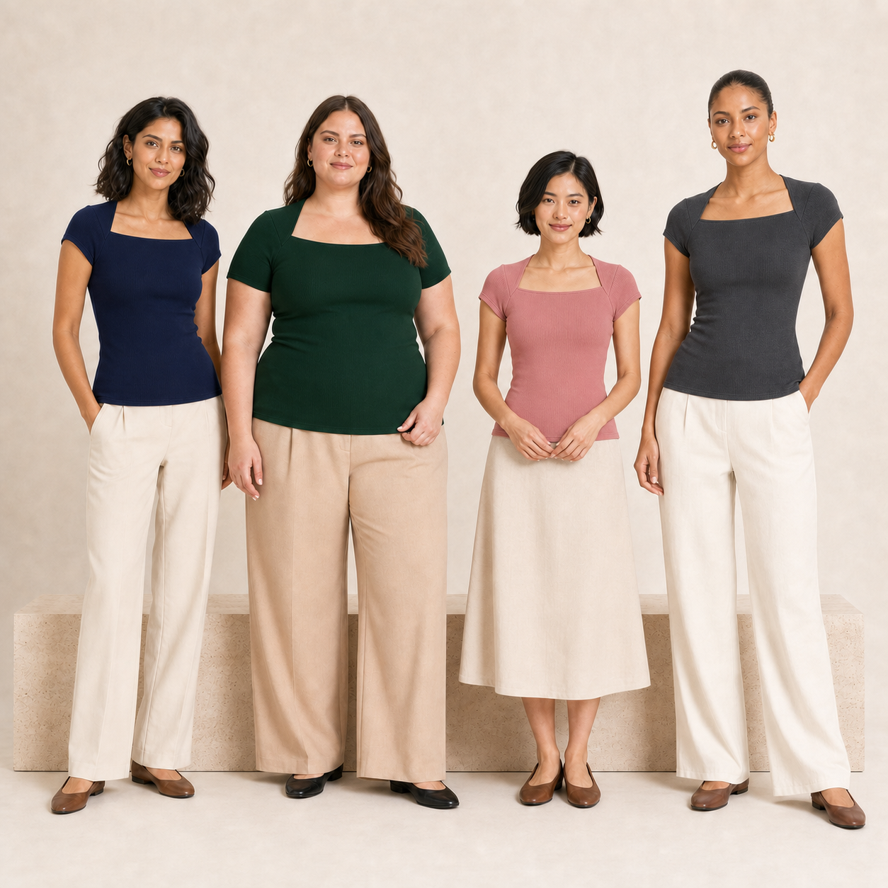 Four women wearing square-neck tops in pack B colors
