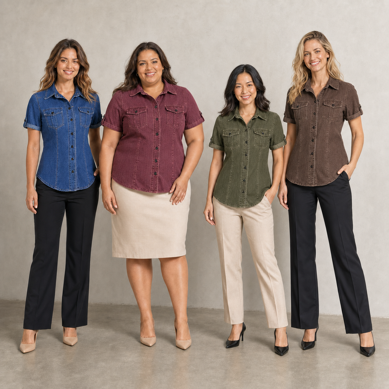 Four women wearing classic blue burgundy olive and brown denim shirts