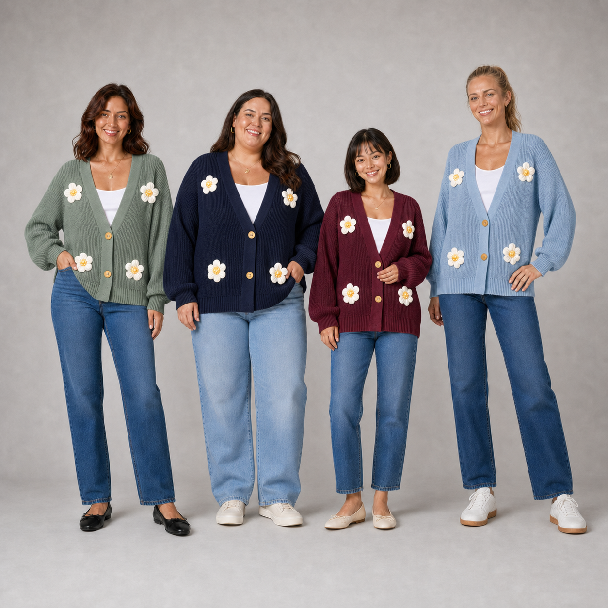 Four women wearing pack B daisy cardigan colors