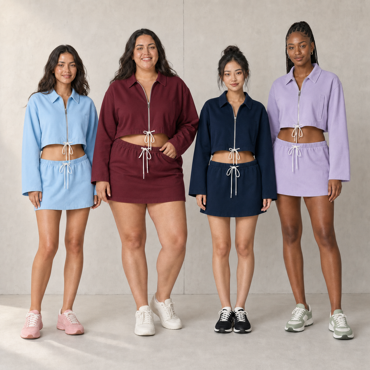 Four women wearing pack B cropped jacket and mini skirt set colors