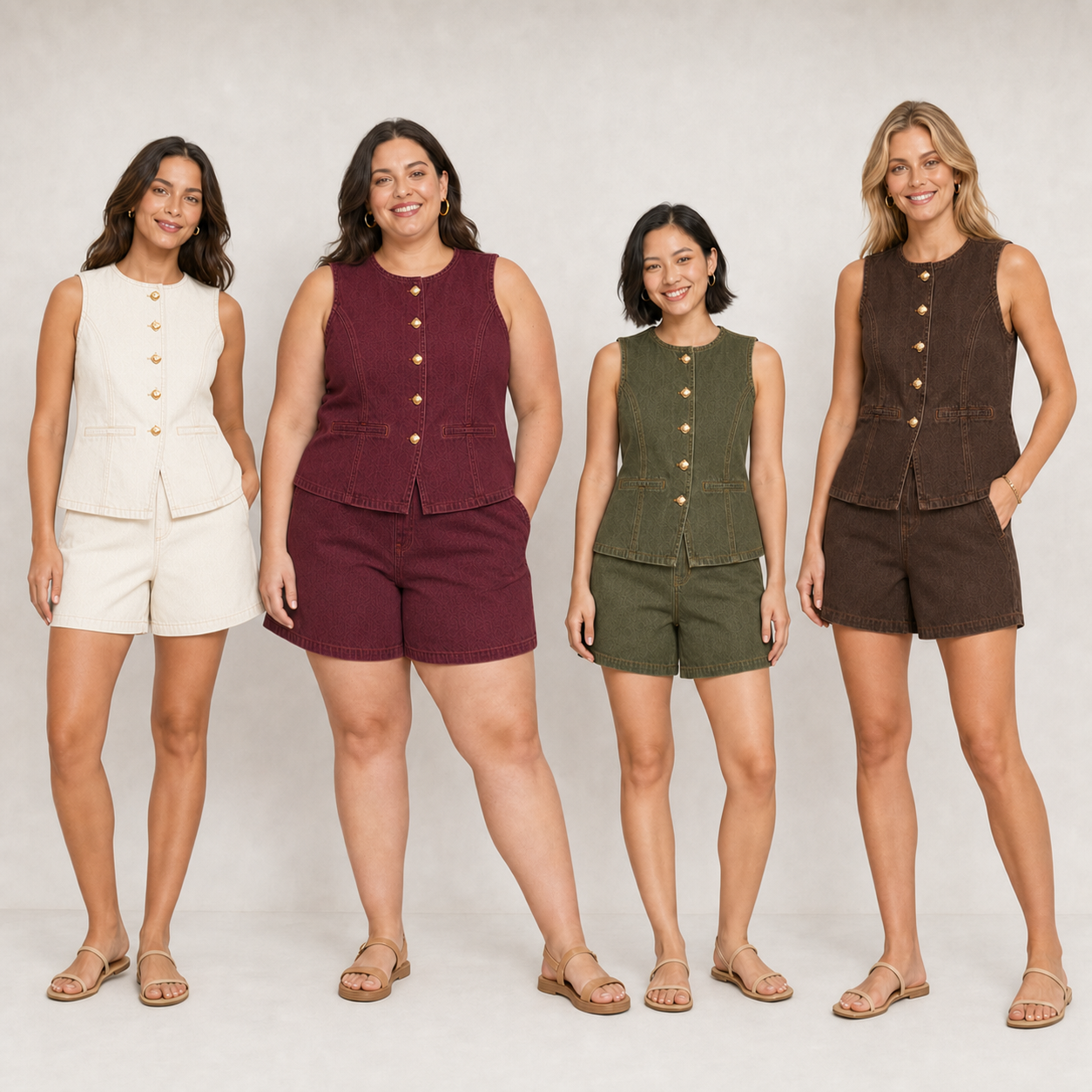 Four women wearing ecru burgundy olive and brown denim sets